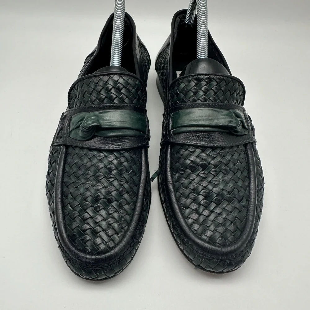 DANIELE FERRADINI Italian Soft Leather Loafers - Black Green Weave - Mens Size 9